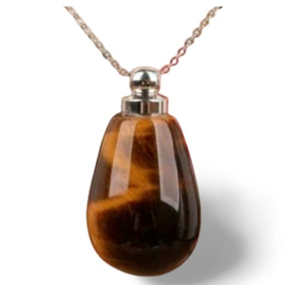 Beautiful Natural Tiger Eye Gemstone CREMATION URN with 24" Steel Chain & Pouch